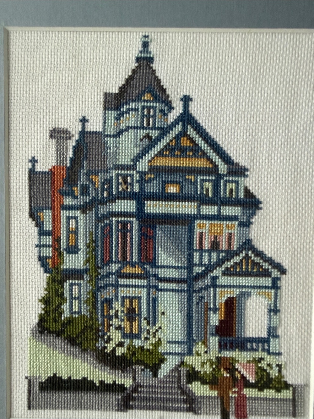 Vintage Victorian Framed Cross Stitch Victorian House Wall Art - Blue & Gray